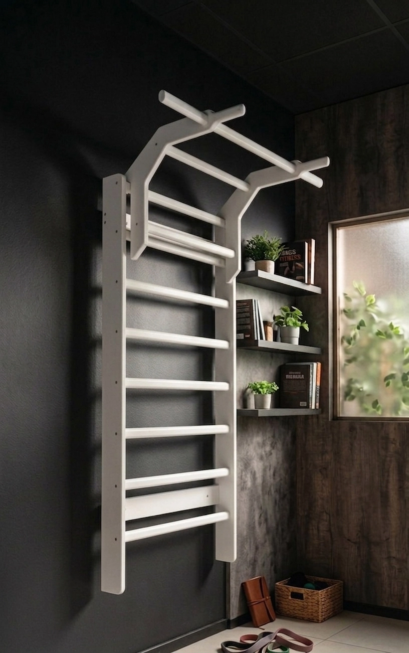 Fitladder Kompakt Bar - Ahşap Barfiks Barı, İsveç Merdiveni, Egzersiz Barı, Skolyoz Duvar Barı - Beyaz