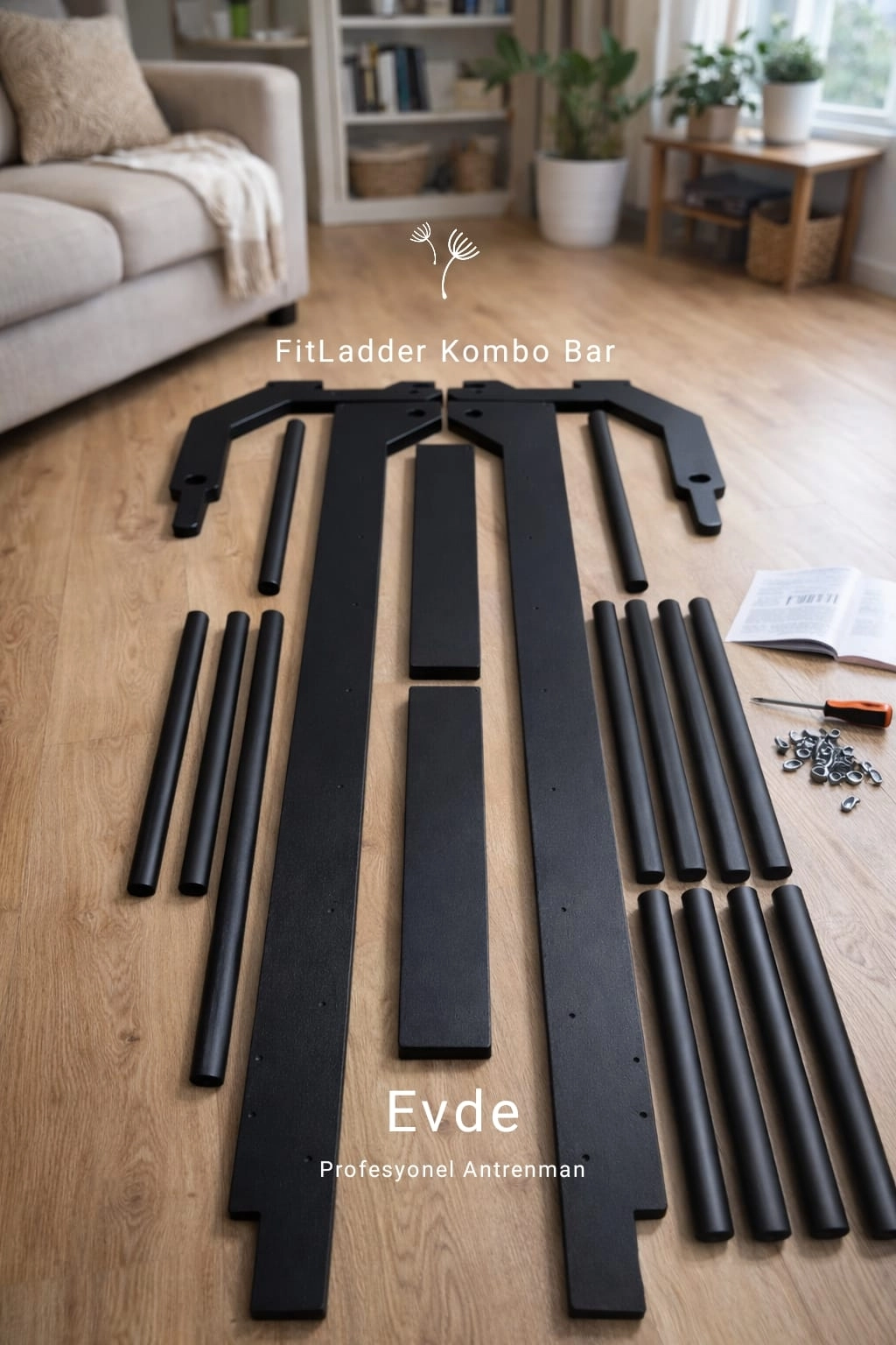 Fitladder Kombo Bar - Ahşap Bafiks Barı, İsveç Merdiveni, Egzersiz Barı, Skolyoz Duvar Barı - Siyah